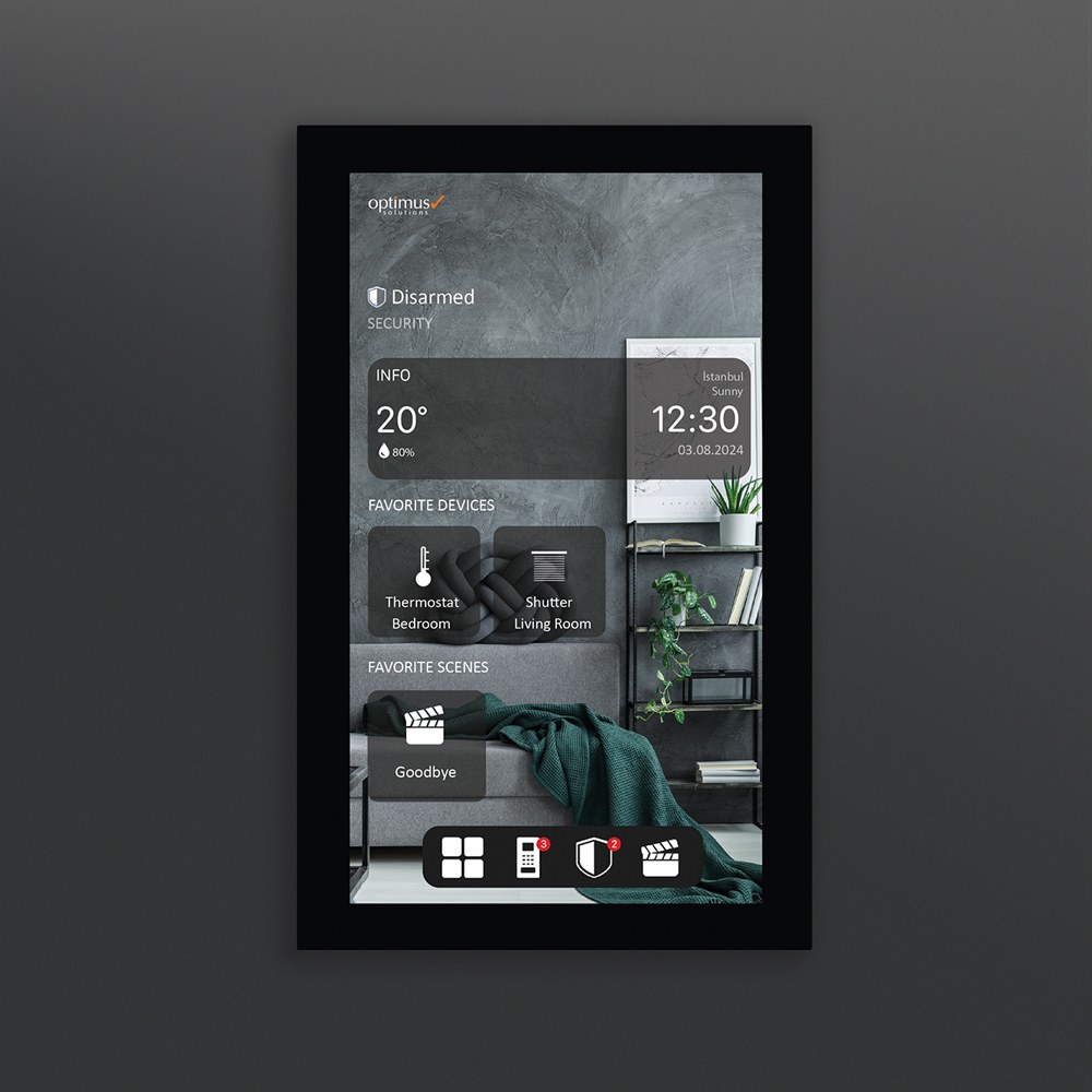 8-inch smart control panel showing security, favorite devices and scenes