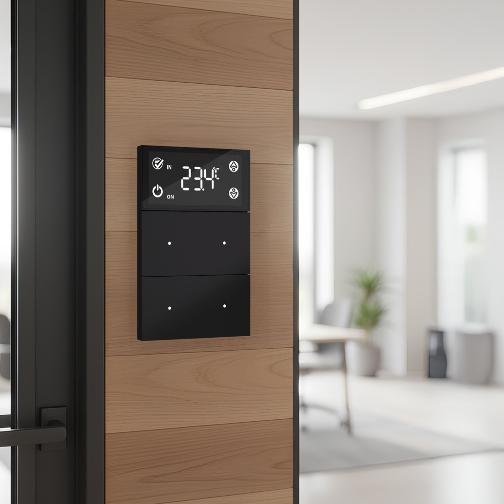Smart wall switch panel with a thermostat display and touch controls